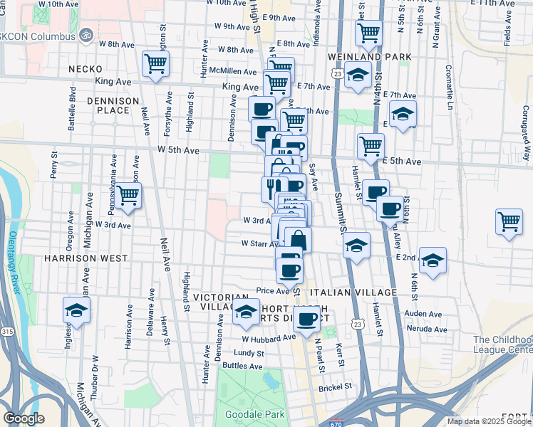 map of restaurants, bars, coffee shops, grocery stores, and more near 13 West 3rd Avenue in Columbus