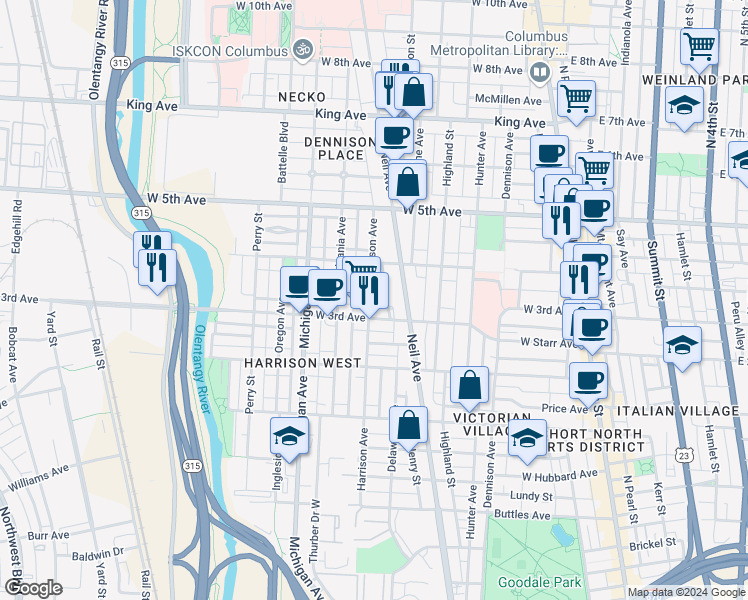 map of restaurants, bars, coffee shops, grocery stores, and more near 354 West 3rd Avenue in Columbus