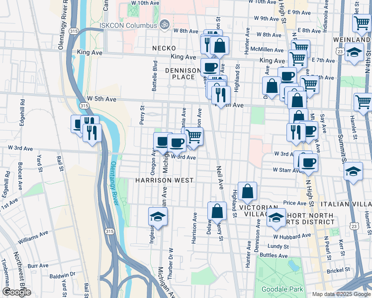 map of restaurants, bars, coffee shops, grocery stores, and more near 354 West 3rd Avenue in Columbus