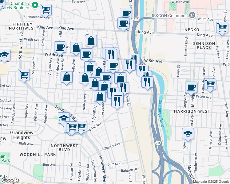 map of restaurants, bars, coffee shops, grocery stores, and more near 1125 Yard Street in Grandview Heights