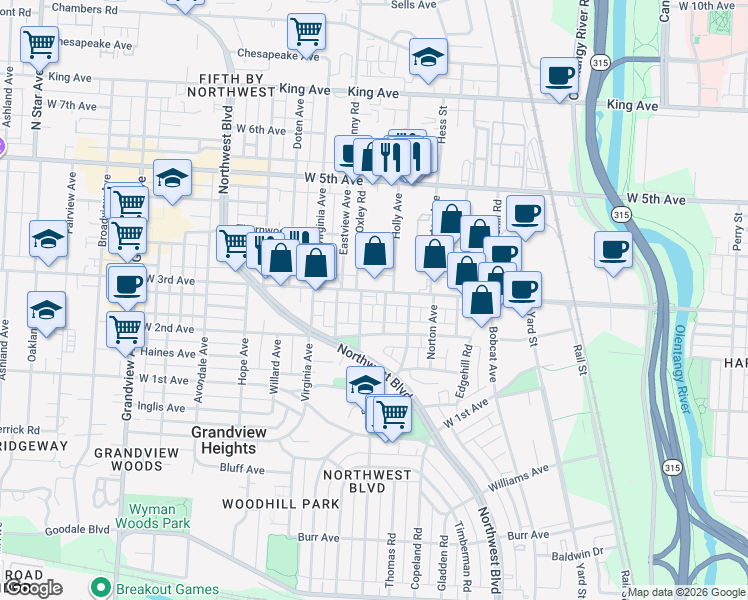 map of restaurants, bars, coffee shops, grocery stores, and more near 1229 Holly Avenue in Columbus