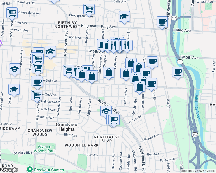 map of restaurants, bars, coffee shops, grocery stores, and more near 1229 Holly Avenue in Columbus