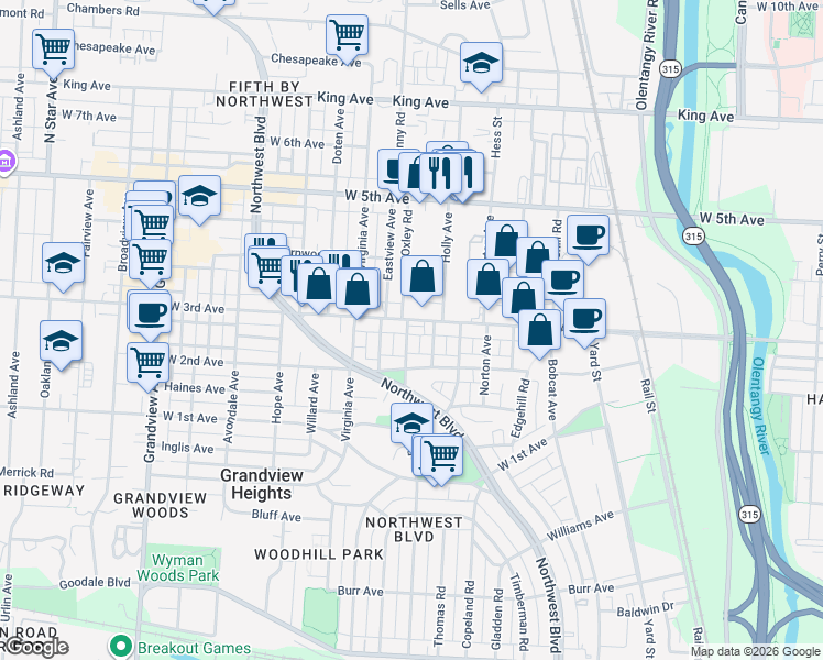 map of restaurants, bars, coffee shops, grocery stores, and more near 1231 Oxley Road in Columbus