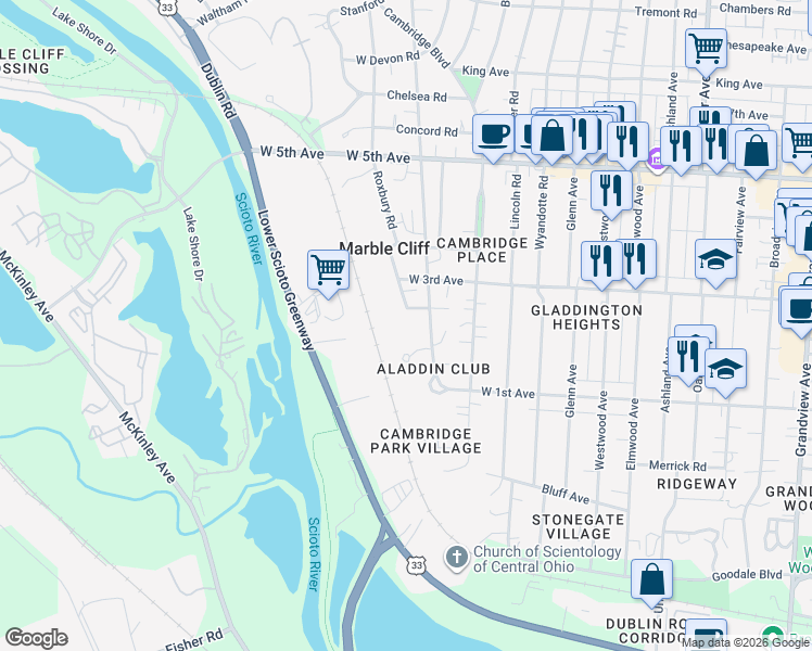 map of restaurants, bars, coffee shops, grocery stores, and more near 2010 Aladdin Woods Court in Columbus