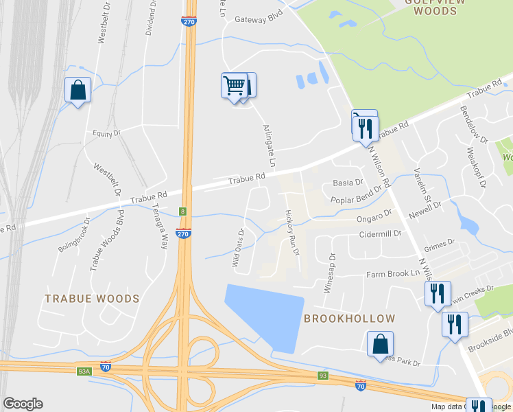 map of restaurants, bars, coffee shops, grocery stores, and more near 4075 Brook Run Drive in Columbus