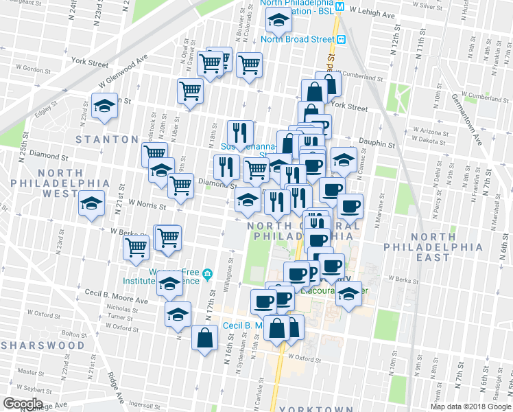 map of restaurants, bars, coffee shops, grocery stores, and more near 2027 North 16th Street in Philadelphia