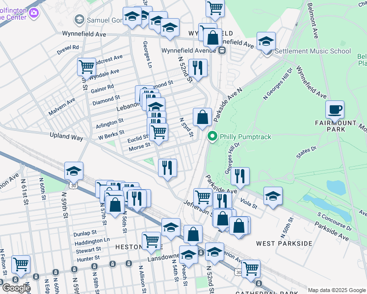 map of restaurants, bars, coffee shops, grocery stores, and more near 1766 North Peach Street in Philadelphia