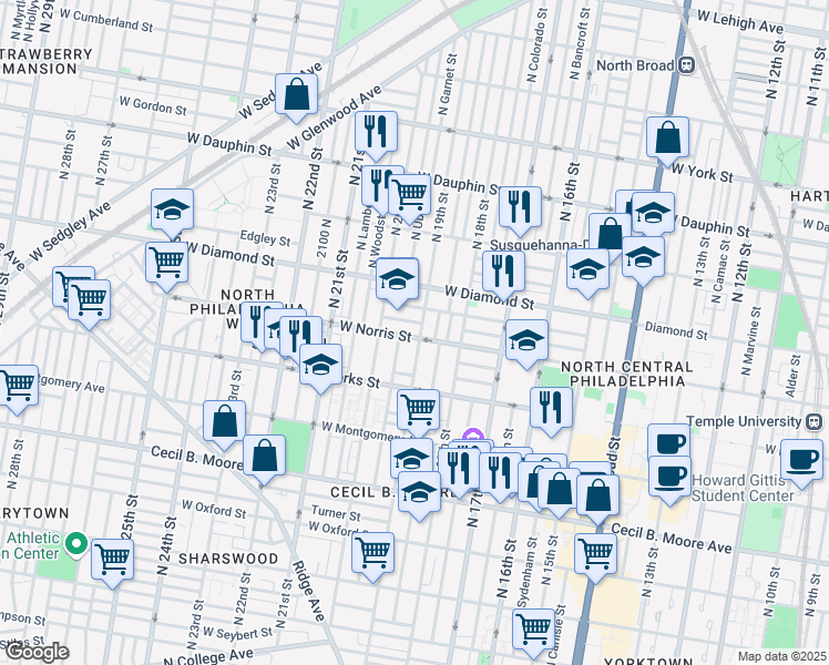 map of restaurants, bars, coffee shops, grocery stores, and more near 1905 West Norris Street in Philadelphia