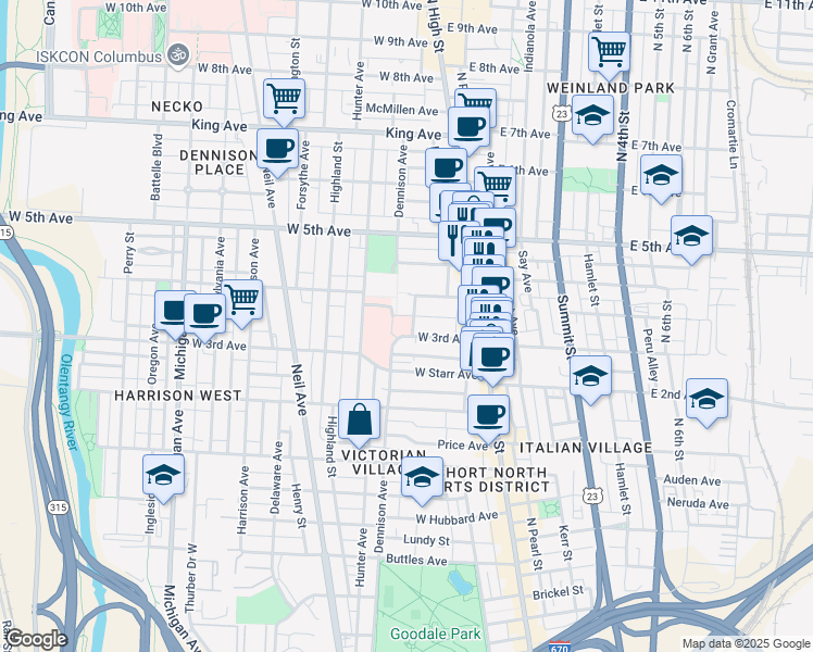 map of restaurants, bars, coffee shops, grocery stores, and more near 1087 Dennison Avenue in Columbus