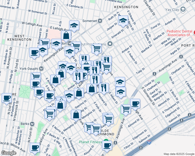 map of restaurants, bars, coffee shops, grocery stores, and more near 2607 Martha Street in Philadelphia