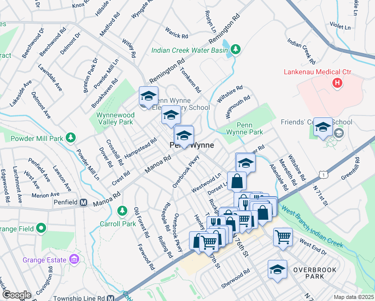 map of restaurants, bars, coffee shops, grocery stores, and more near 140 Overbrook Parkway in Wynnewood