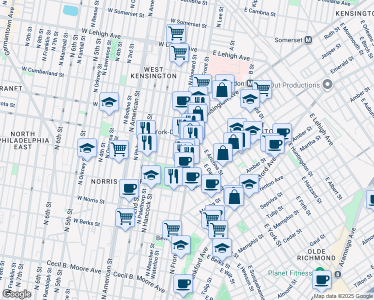 map of restaurants, bars, coffee shops, grocery stores, and more near 2255 Hope Street in Philadelphia