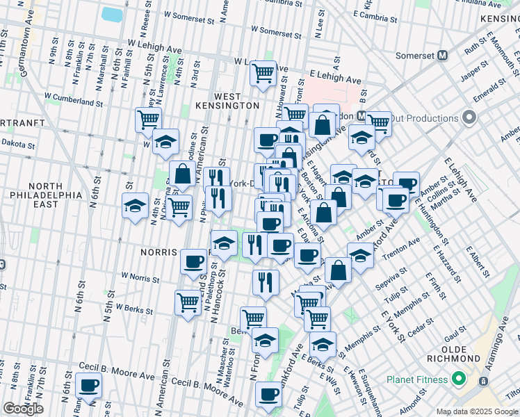 map of restaurants, bars, coffee shops, grocery stores, and more near 2242 North Howard Street in Philadelphia