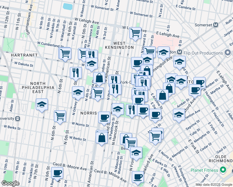 map of restaurants, bars, coffee shops, grocery stores, and more near 2230 North Palethorp Street in Philadelphia