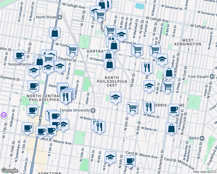 map of restaurants, bars, coffee shops, grocery stores, and more near 2145 North Darien Street in Philadelphia