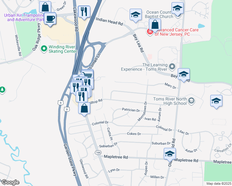 map of restaurants, bars, coffee shops, grocery stores, and more near 304 Hilltop Road in Toms River