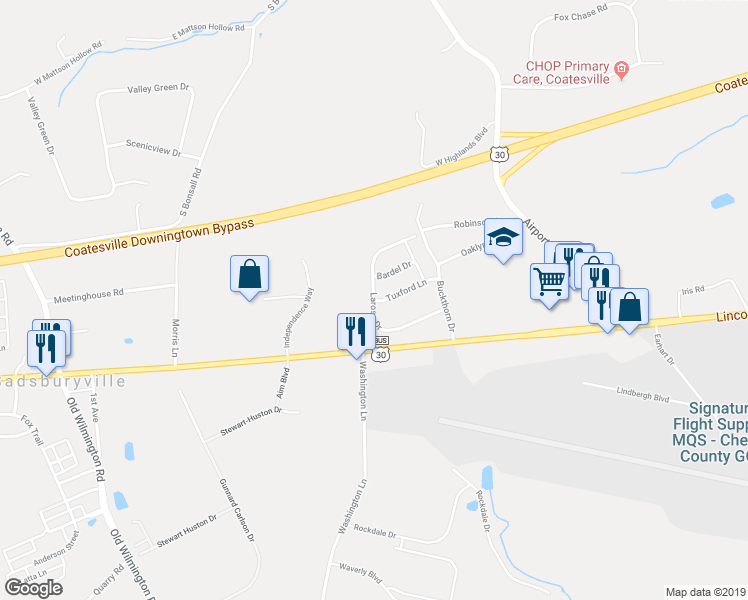 map of restaurants, bars, coffee shops, grocery stores, and more near 387 Larose Drive in Coatesville