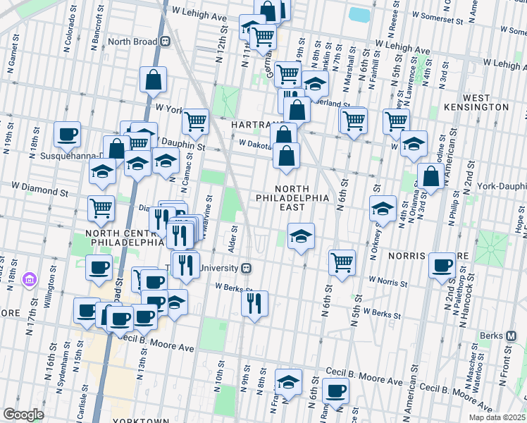 map of restaurants, bars, coffee shops, grocery stores, and more near 2126 North Percy Street in Philadelphia