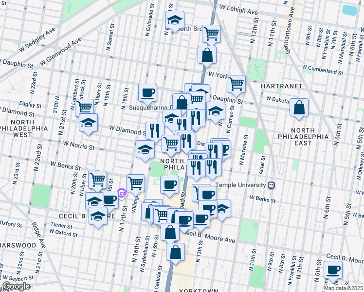 map of restaurants, bars, coffee shops, grocery stores, and more near 2047 North Carlisle Street in Philadelphia