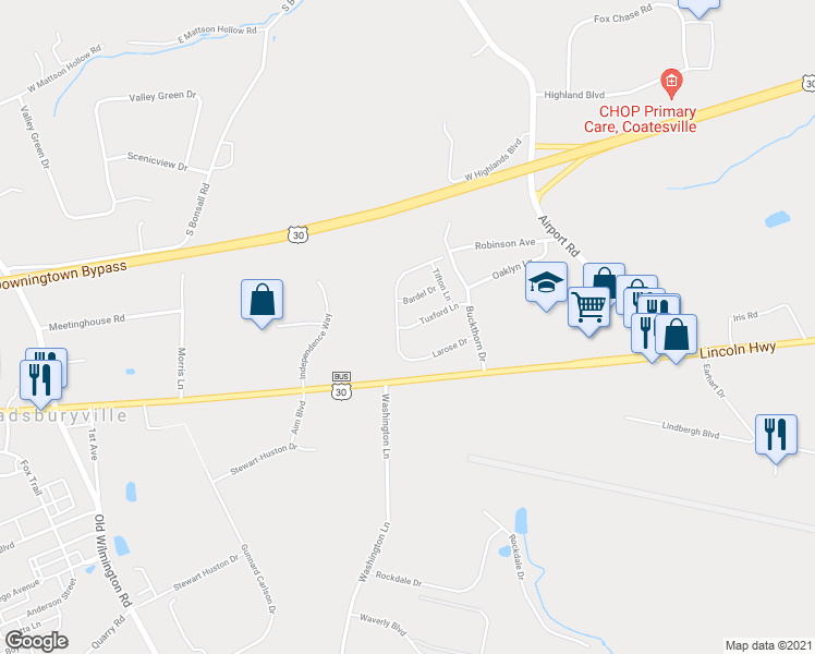 map of restaurants, bars, coffee shops, grocery stores, and more near 31 Tuxford Lane in Coatesville