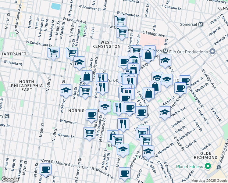 map of restaurants, bars, coffee shops, grocery stores, and more near 2222 North Mascher Street in Philadelphia