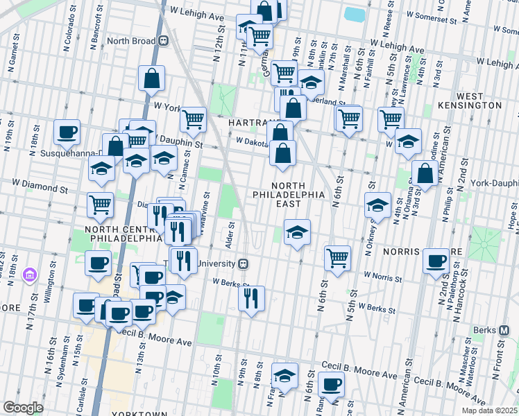 map of restaurants, bars, coffee shops, grocery stores, and more near 2126 North Percy Street in Philadelphia