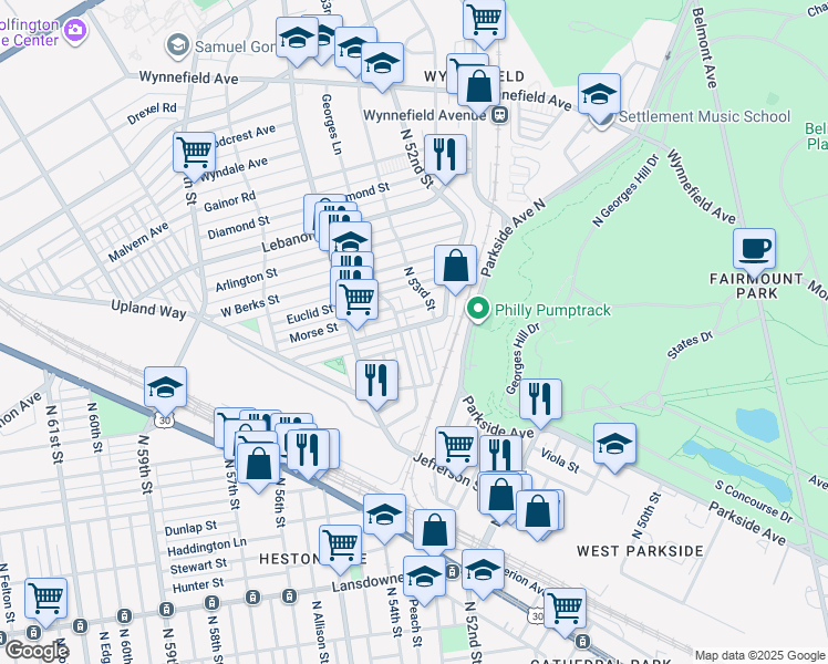 map of restaurants, bars, coffee shops, grocery stores, and more near 1766 North Peach Street in Philadelphia