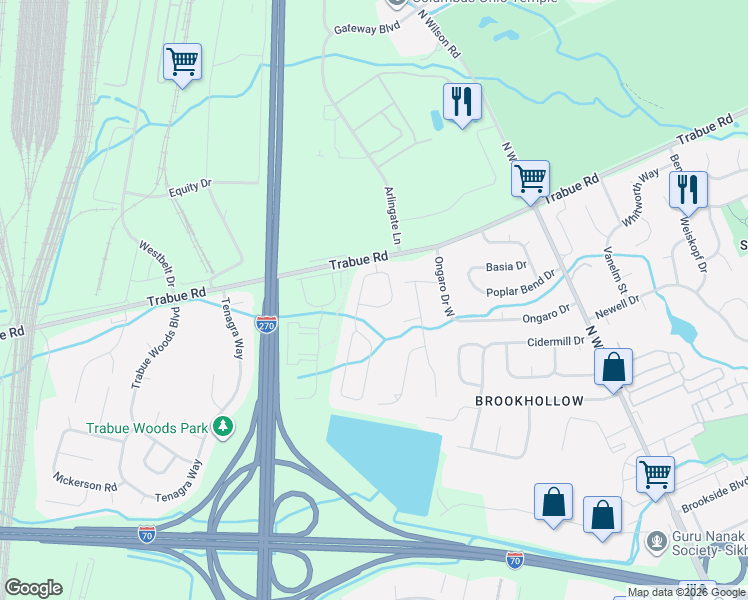 map of restaurants, bars, coffee shops, grocery stores, and more near 4075 Brook Run Drive in Columbus