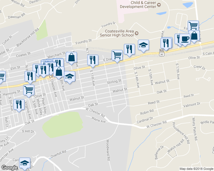 map of restaurants, bars, coffee shops, grocery stores, and more near 1150 Stirling Street in Coatesville