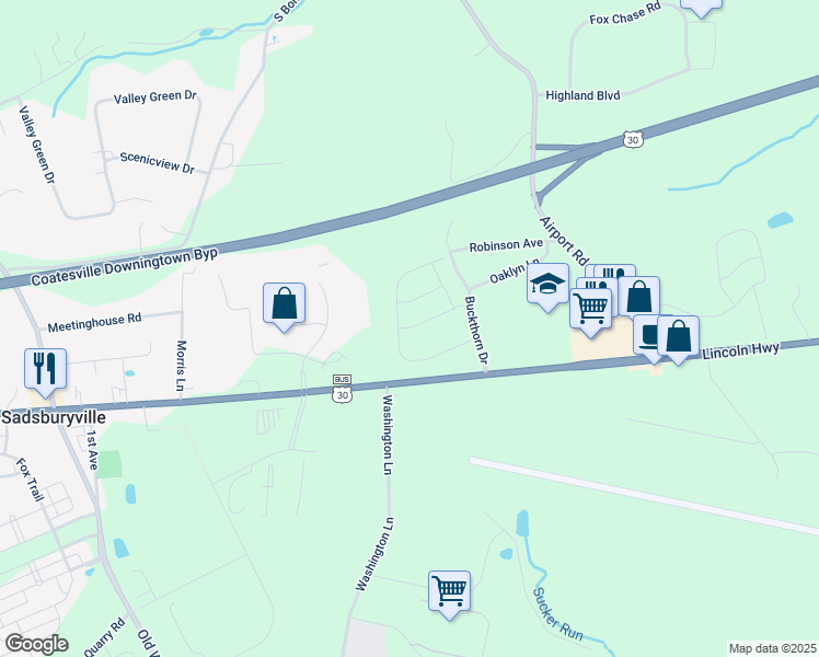 map of restaurants, bars, coffee shops, grocery stores, and more near 30 Tuxford Lane in Coatesville