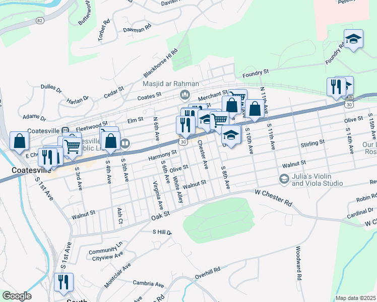 map of restaurants, bars, coffee shops, grocery stores, and more near 25 Pennsylvania Avenue in Coatesville