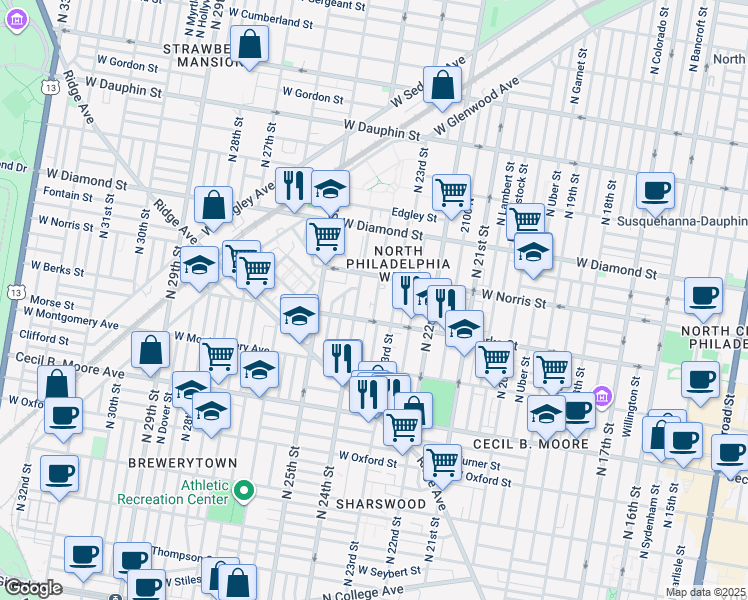 map of restaurants, bars, coffee shops, grocery stores, and more near 1936 North Judson Street in Philadelphia