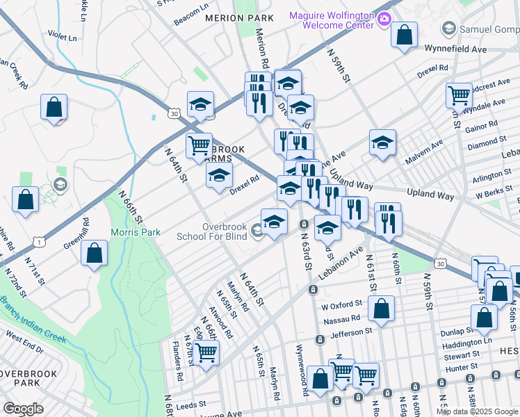 map of restaurants, bars, coffee shops, grocery stores, and more near 6346 Woodbine Avenue in Philadelphia