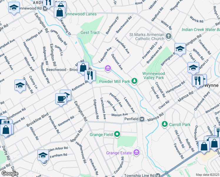 map of restaurants, bars, coffee shops, grocery stores, and more near 619 Lawson Avenue in Havertown