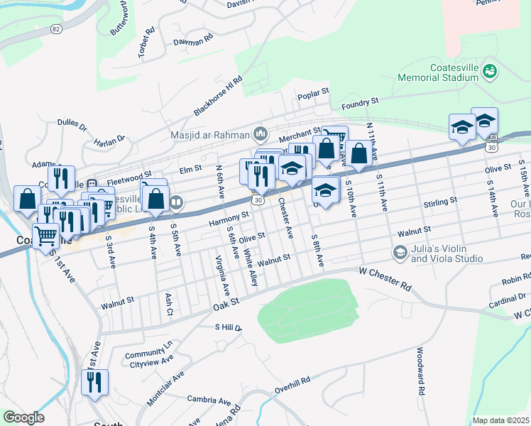 map of restaurants, bars, coffee shops, grocery stores, and more near 25 Pennsylvania Avenue in Coatesville