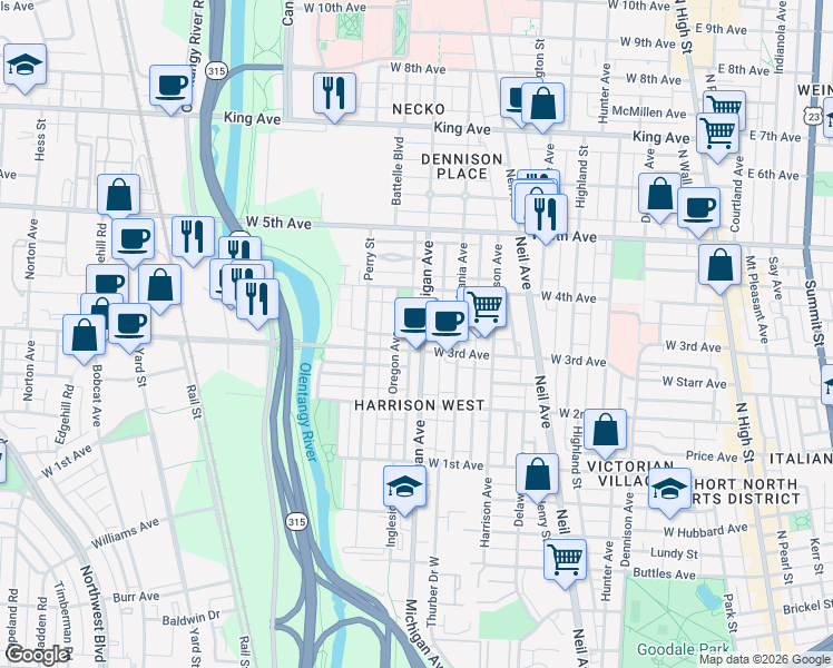 map of restaurants, bars, coffee shops, grocery stores, and more near 460 West 3rd Avenue in Columbus