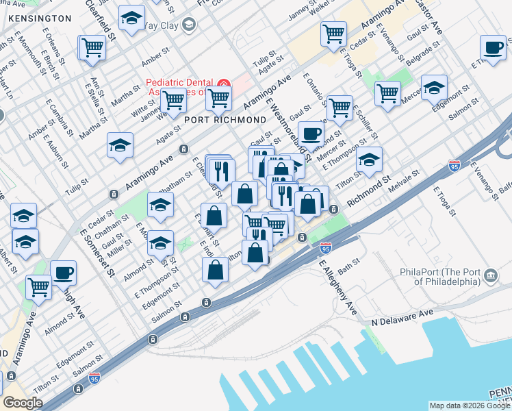map of restaurants, bars, coffee shops, grocery stores, and more near 3114 East Thompson Street in Philadelphia