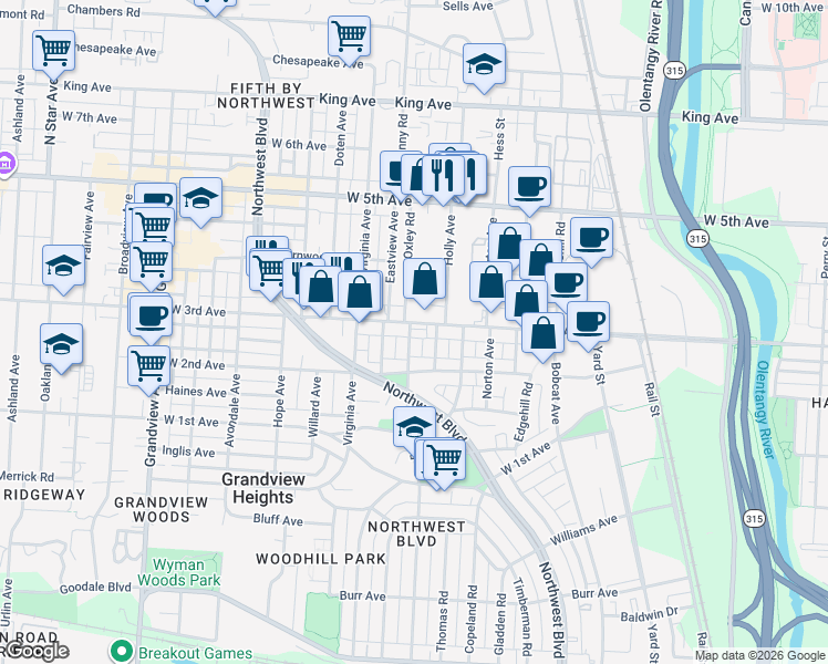 map of restaurants, bars, coffee shops, grocery stores, and more near 1231 Oxley Road in Columbus