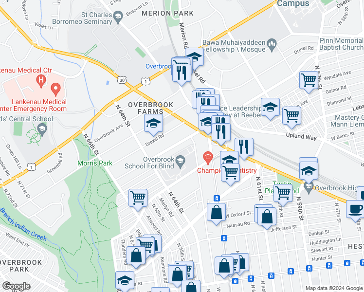map of restaurants, bars, coffee shops, grocery stores, and more near 6346 Woodbine Avenue in Philadelphia
