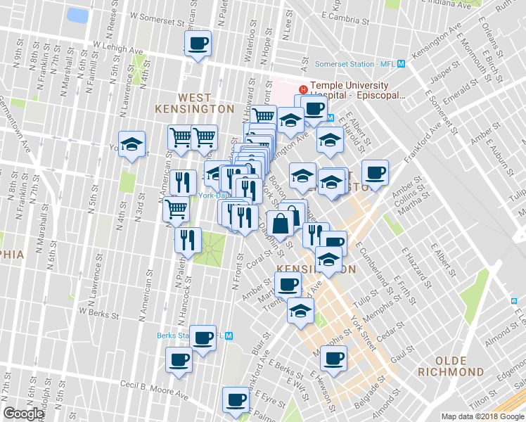 map of restaurants, bars, coffee shops, grocery stores, and more near 1920 East Arizona Street in Philadelphia