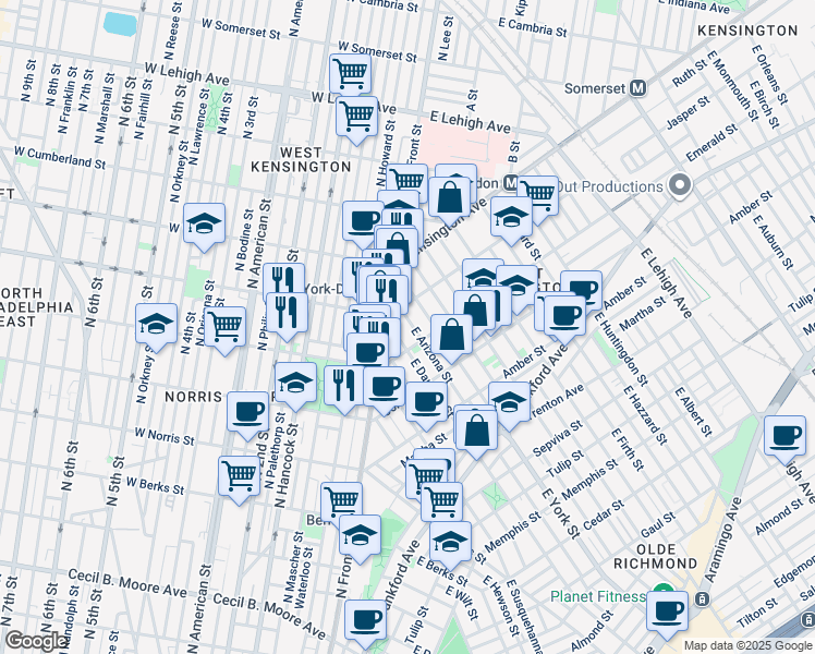map of restaurants, bars, coffee shops, grocery stores, and more near 1920 East Arizona Street in Philadelphia