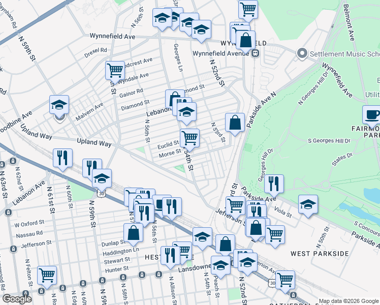 map of restaurants, bars, coffee shops, grocery stores, and more near 5392 West Montgomery Avenue in Philadelphia