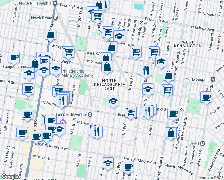 map of restaurants, bars, coffee shops, grocery stores, and more near 2123 North 8th Street in Philadelphia