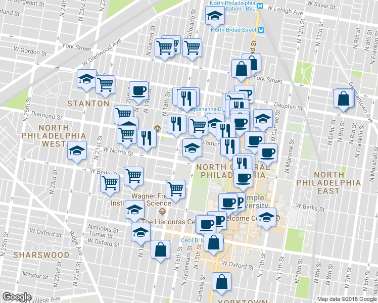 map of restaurants, bars, coffee shops, grocery stores, and more near 1606 Fontain Street in Philadelphia