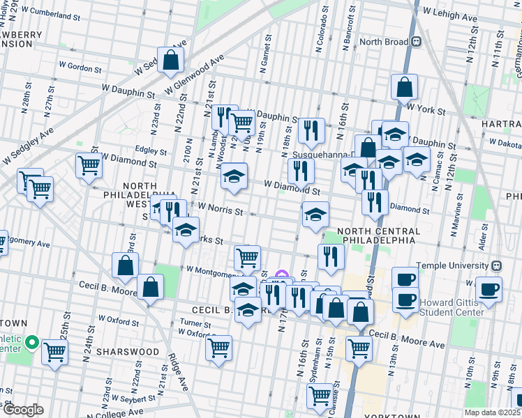 map of restaurants, bars, coffee shops, grocery stores, and more near in Philadelphia