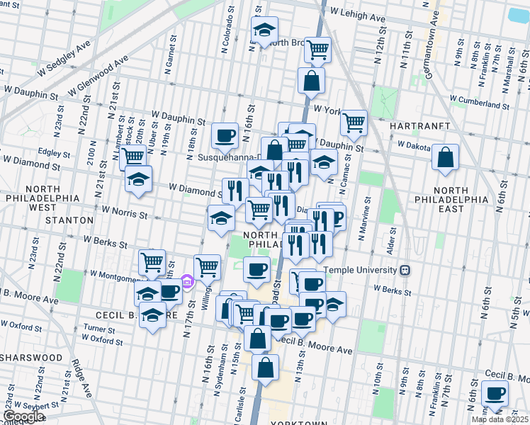 map of restaurants, bars, coffee shops, grocery stores, and more near 2043 North 15th Street in Philadelphia