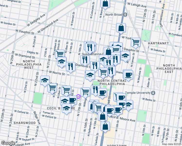 map of restaurants, bars, coffee shops, grocery stores, and more near 1606 Fontain Street in Philadelphia