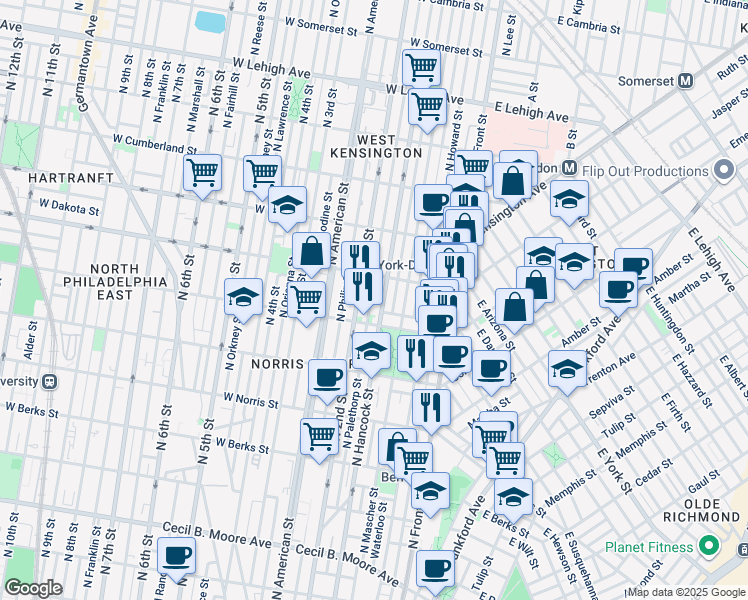 map of restaurants, bars, coffee shops, grocery stores, and more near 2231 Palethorp Street in Philadelphia