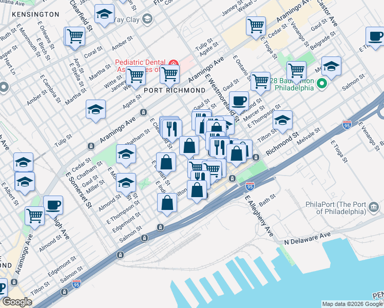 map of restaurants, bars, coffee shops, grocery stores, and more near 3114 East Thompson Street in Philadelphia