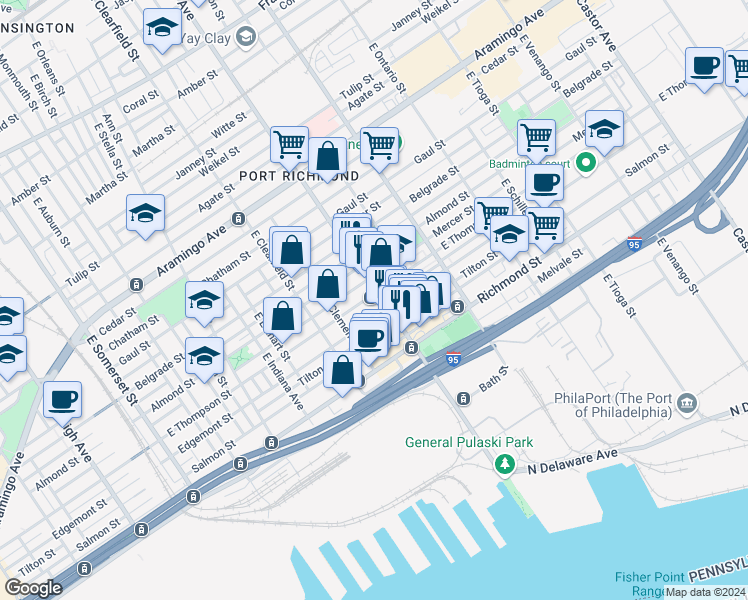 map of restaurants, bars, coffee shops, grocery stores, and more near 2640 East Allegheny Avenue in Philadelphia